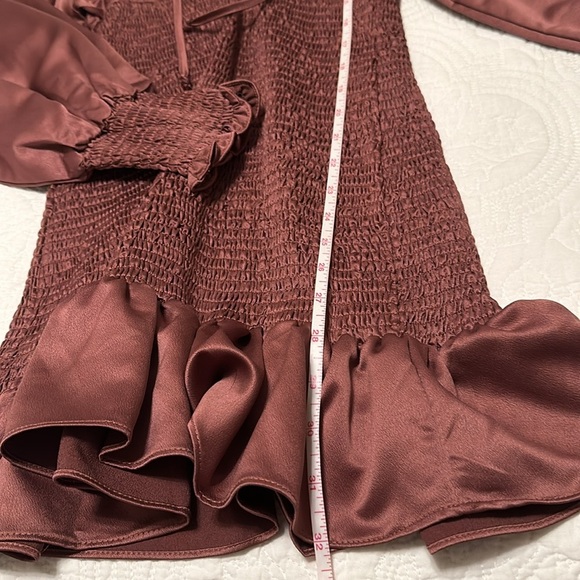 NWOT RARE Karlie Smocked Satin Ruffled Mini Dress in Muave Size S - Picture 7 of 11